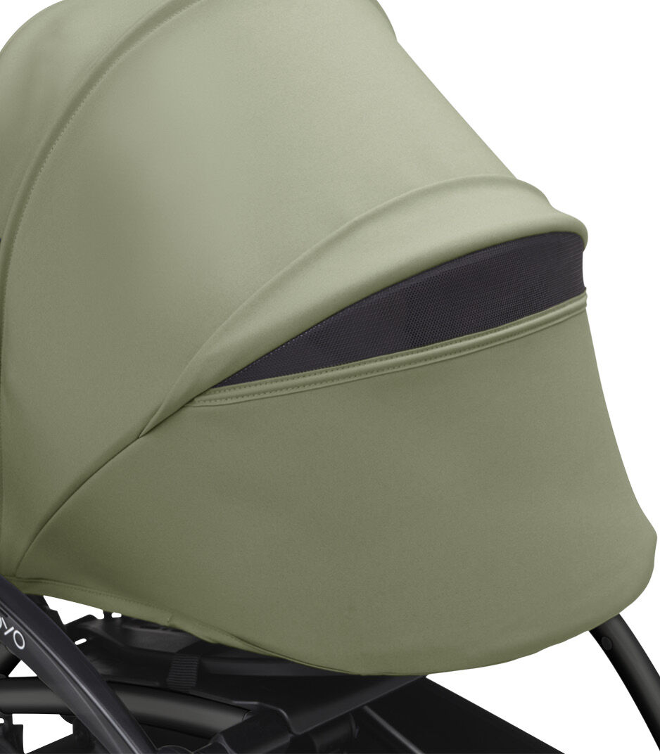 Stokke® YOYO3® 0+ Olive. Black Frame. Canopy ventilation open. Close-up. Angled. galery image 5